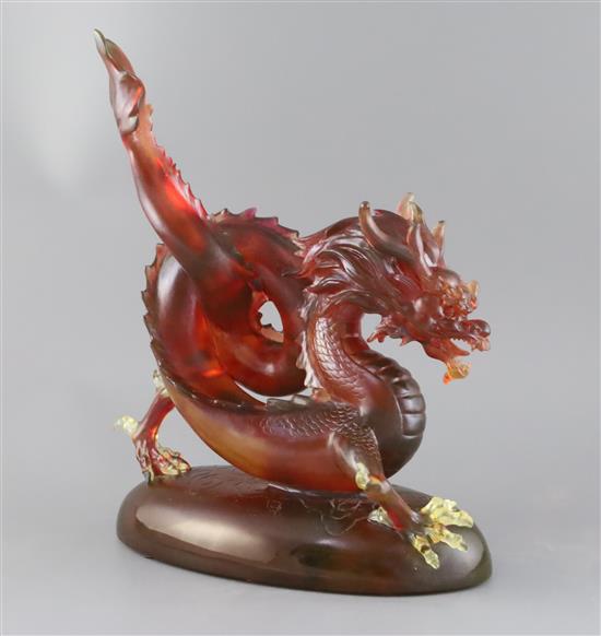 A large Chinese pate de verre figure of a dragon, by Tsian Yu (Ningbo Qianyu Glass), modern, H. 39.5cm, L. 32cm, complete with packing